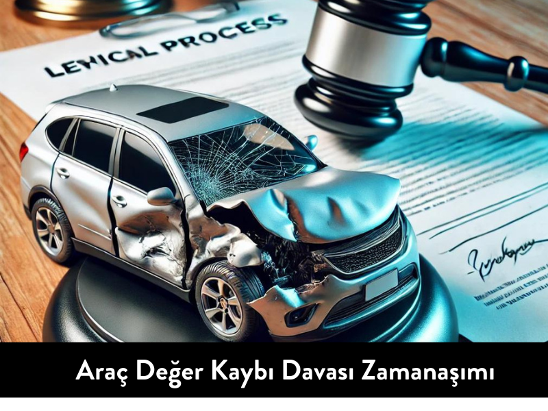 Araç değer kaybı zamanaşımı davası hakkında, hasarlı bir araç, yasal belgeler ve zaman aşımı simgeleri ile birlikte gösterilen bir görsel.